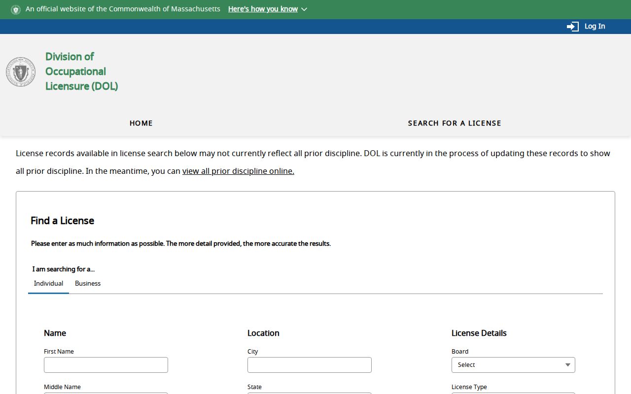 Leominster residents directory Massachusetts occupational license search fields