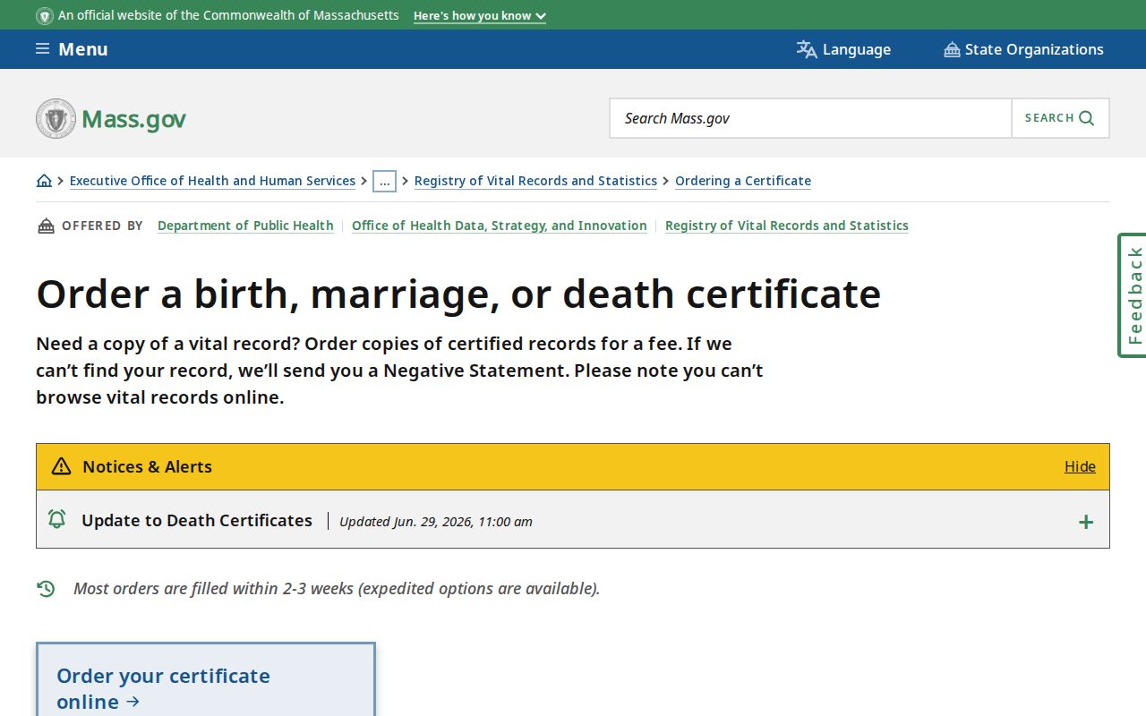 Leominster resident lookup Massachusetts vital record ordering route
