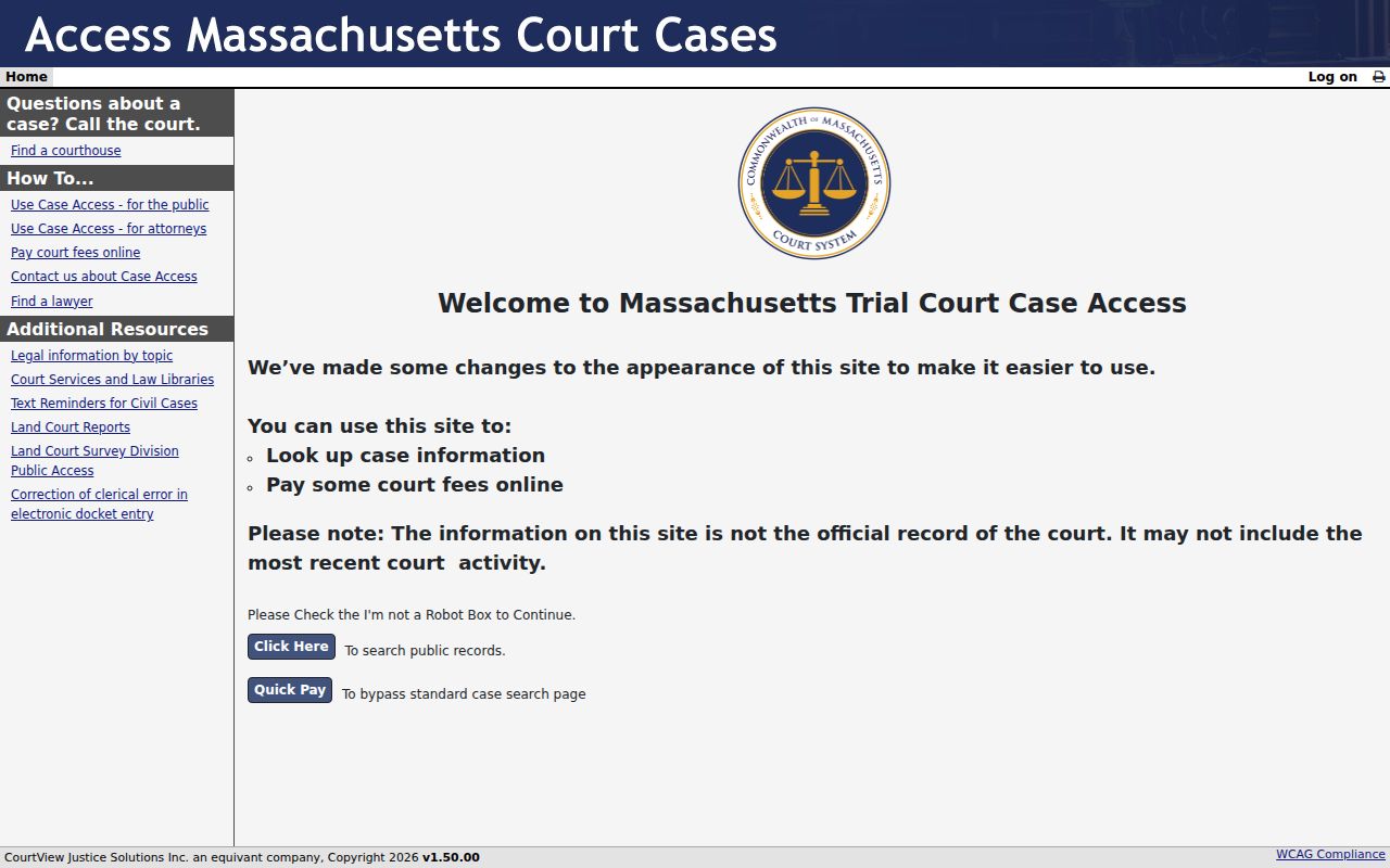 Leominster resident lookup through the Massachusetts MassCourts public search